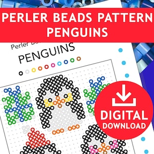 Puede incluir: Un patrón digital de Perler Beads con pingüinos. El diseño muestra cuatro figuras de pingüinos con accesorios, como un sombrero y un lazo. El patrón está en una cuadrícula, con el texto "PERLER BEADS PATTERN PENGUINS" en la parte superior y "DESCARGA DIGITAL" en un círculo rojo.