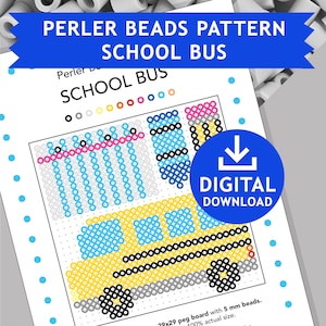 Puede incluir: Un patrón imprimible para un autobús escolar hecho con cuentas Perler. El patrón es para una placa de 29x29 clavijas y utiliza cuentas de 5 mm. El patrón incluye un autobús escolar amarillo con ventanas negras, una señal de alto azul y blanca y un lápiz.