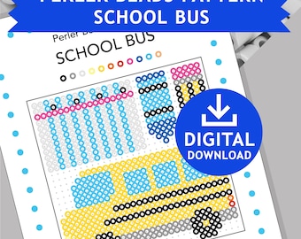 May include: A printable pattern for a school bus made with Perler beads. The pattern is for a 29x29 peg board and uses 5 mm beads. The pattern includes a yellow school bus with black windows, a blue and white stop sign, and a pencil.