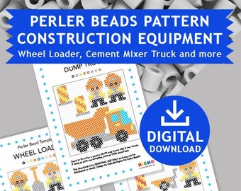 3x CONSTRACTION EQUIPMENT Trucks Perler Patterns, Hama Fuse Beads Pyssla Templates Printable Kids Craft Backhoe Cement Mixer Truck Dump