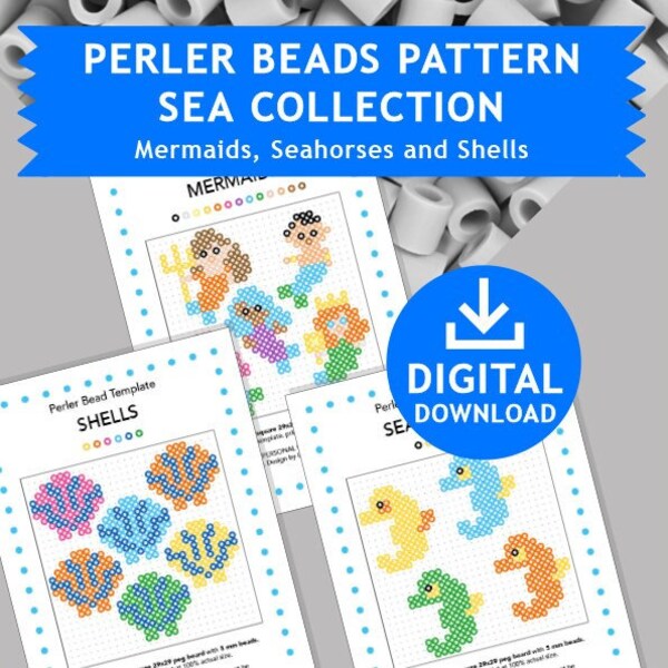 3x SEA Mermaids Shells Seahorses Fish Ocean Kids Craft Fuse Beads Pyssla Templates Tutorial Printable Pattern Cross Stitch Hama