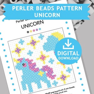 Puede incluir: Un patrón imprimible para un unicornio hecho con cuentas Perler. El patrón incluye un unicornio, estrellas y nubes. El patrón es para una tabla de 29x29 clavijas y utiliza cuentas de 5 mm.