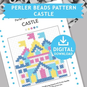 May include: A printable Perler bead pattern for a castle. The pattern is for a 29x29 peg board and uses 5 mm beads. The castle is pink, blue, yellow, and white.