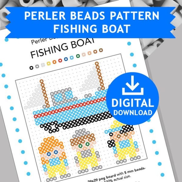 FISHING BOAT Perler Patterns, Sea Ocean Fish Hama Fuse Beads Pyssla Nabbi Templates Tutorial Printable Kids Children Craft