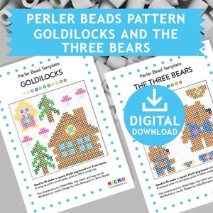 Op de afbeelding: Twee printbare Perler-kraalpatronen voor Goldilocks en de drie beren. De patronen zijn geschikt voor een 29x29-pinnenbord met 5 mm kralen. De patronen zijn alleen voor persoonlijk gebruik en mogen niet worden gedistribueerd of doorverkocht. Ontwerp door Lidia Blomgren voor Kicko Beads.