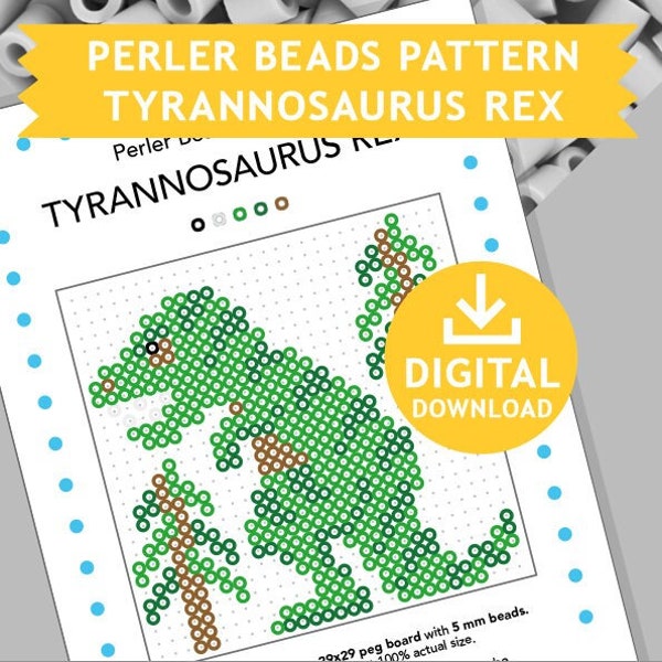 TYRANNOSAURUS REX Decoration Hama Fuse Beads Pyssla Templates Tutorial Printable Craft Pattern Gift Kids Cross Stitch Dino Dinosaur T-Rex