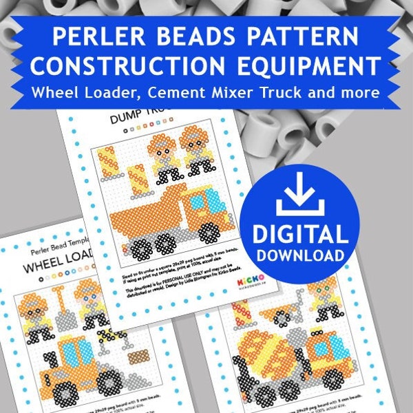 3x CONSTRACTION EQUIPMENT Trucks Perler Patterns, Hama Fuse Beads Pyssla Templates Printable Kids Craft Backhoe Cement Mixer Truck Dump