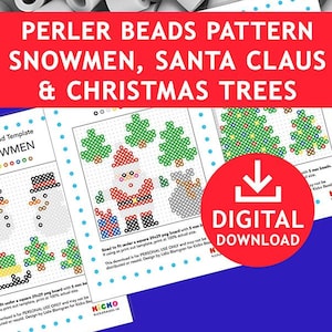 May include: A digital download of a Perler bead pattern for making snowmen, Santa Claus, and Christmas trees. The pattern is sized to fit a 29x29 peg board with 5 mm beads. The download is for personal use only.