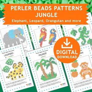 Puede incluir: Descarga digital de patrones de cuentas Perler para animales de la selva, incluyendo un elefante, un leopardo, un orangután y más. Los patrones están etiquetados con los nombres "Palmer" y "Leopard".
