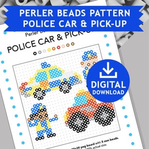 May include: A printable pattern for creating a police car and pick-up truck using Perler beads. The pattern includes a color key and instructions for creating the vehicles on a 29 peg board with 5 mm beads.