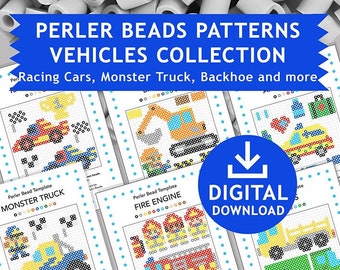 6x VOERTUIGEN Perler-patronen, decoratie Hama Strijkkralen Pyssla Present Sjablonen Zelfstudie Afdrukbaar Knutselcadeau Racing Monster Truck Graaflaadmachine