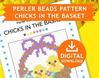 CHICKS In The Basket, Easter Decoration Hama Fuse Beads Pyssla Present Templates Tutorial Printable Craft Pattern Gift Kids Cross Stitch