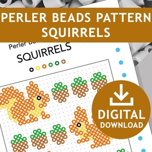 SQUIRRELS Perler Patterns, Acorns, Hama Fuse Beads Pyssla Nabbi Templates Tutorial Printable Kids Children Craft Small World Play Activity