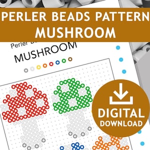 May include: A printable pattern for making mushroom-shaped bead sprites using Perler beads. The pattern includes four different mushroom designs in red, green, blue, and orange. The pattern is for a 29x29 peg board and uses 5 mm beads.