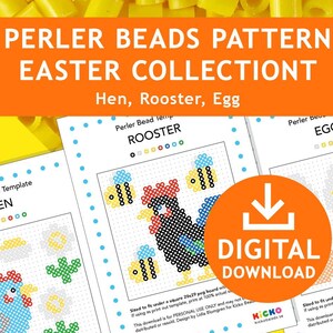 3x EASTER Hen Rooster Eggs Perler Patterns, Hama Fuse Beads Pyssla Templates Printable Kids Crafts