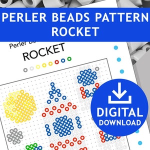 May include: A printable pattern for a rocket shaped Perler bead design. The pattern is for a 29x29 peg board and uses 5 mm beads. The colours used are white, grey, blue, red, green, and yellow.