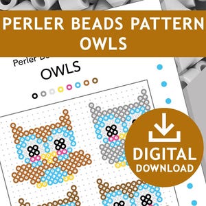 May include: A printable pattern for making four owl designs using Perler beads. The pattern includes four different color variations of the owl design, including brown, blue, gray, and white. The pattern is for a 29x29 peg board and uses 5 mm beads.
