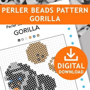 May include: A digital download pattern for a gorilla made with Perler beads. The pattern is for a 29x29 peg board and uses 5 mm beads. The pattern includes a colour key with black, white, grey, brown, and blue beads.