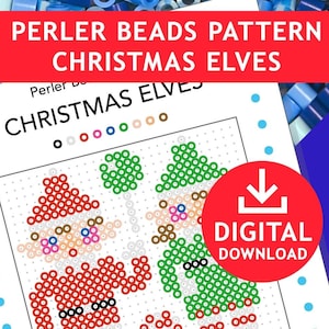 May include: A printable pattern for making Christmas elves using Perler beads. The pattern shows a Santa elf and a green elf holding a candy cane. The pattern is for a 29x29 peg board and uses 5 mm beads.
