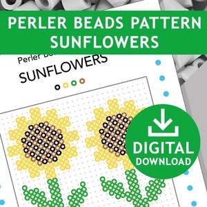 May include: A digital download pattern for two yellow sunflowers with brown centers and green stems, made with perler beads. The pattern is for a 29x29 peg board using 5 mm beads.