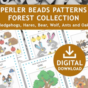 May include: Digital download of Perler bead patterns for a forest collection. The patterns include a wolf, oak tree, bear, bee, ants, and hedgehogs. The patterns are designed for personal use only.