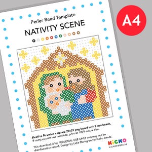 Peut inclure: Un mod&egrave;le imprimable pour un bricolage de sc&egrave;ne de la Nativit&eacute; avec des perles Perler. Le mod&egrave;le montre une maison jaune, brune et verte avec une &eacute;toile au sommet. &Agrave; l'int&eacute;rieur de la maison se trouvent trois personnages&nbsp;: Marie, Joseph et l'enfant J&eacute;sus. Le mod&egrave;le est dimensionn&eacute; pour s'adapter &agrave; une planche &agrave; clous de 29x29 avec des perles de 5 mm.