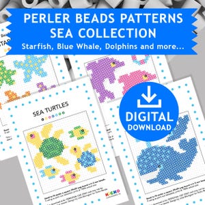 4x SEA Dolphins Blue Whale Fish Ocean Turtle Starfish Kids Craft Fuse Beads Pyssla Templates Tutorial Printable Pattern Cross Stitch Hama
