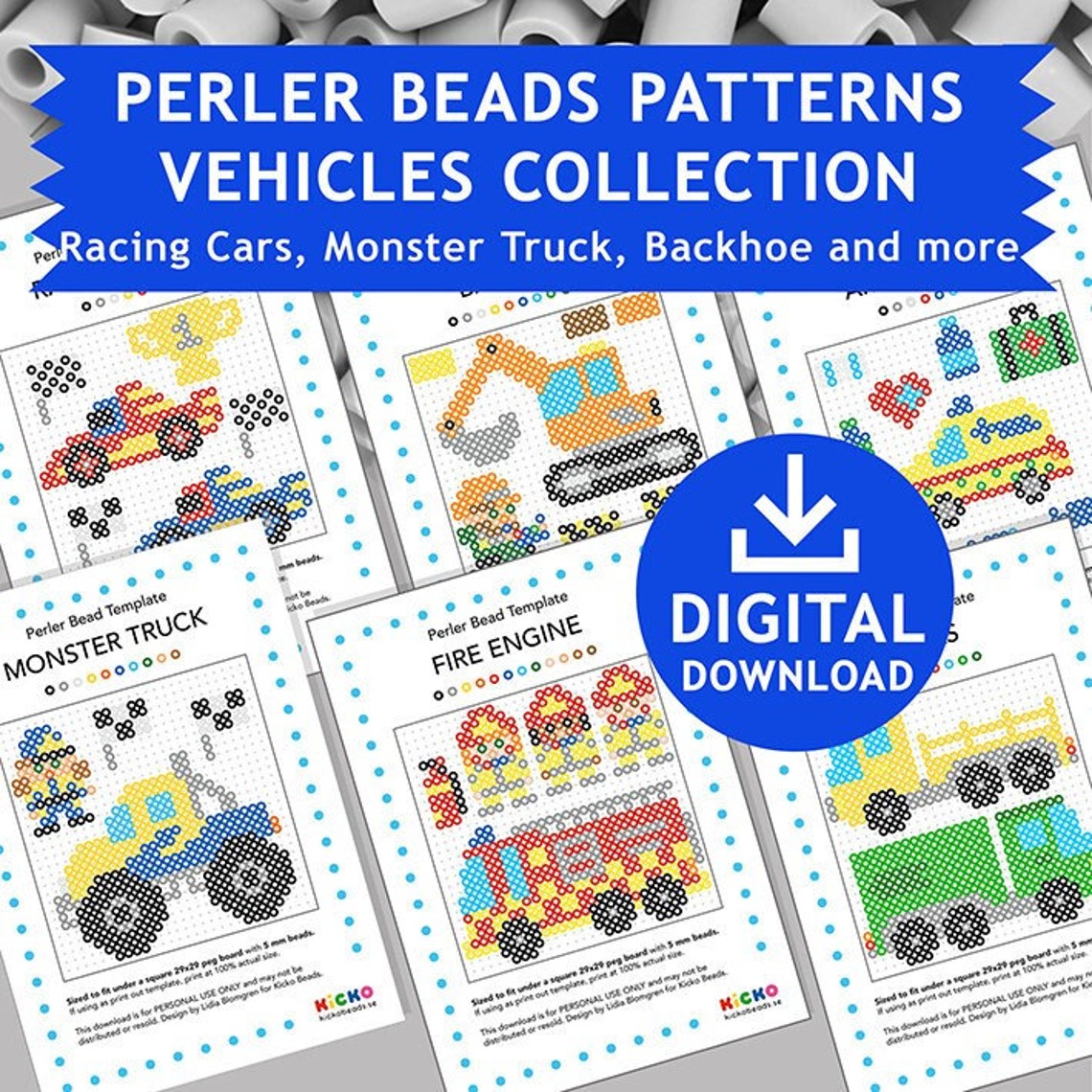 6x VEHICLES Perler Patterns, Decoration Hama Fuse Beads Pyssla Present Templates Tutorial