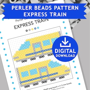 Könnte beinhalten: Ein druckbares Muster für einen gelben und blauen Zug aus Perlen. Das Muster ist für eine 29x29-Noppenplatte und verwendet 5 mm Perlen. Das Muster ist mit "Express Train" beschriftet.