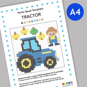 Op de afbeelding: Een printbare Perler-kraaltemplate voor een blauwe tractor met gele wielen, een bruine en gele boer en een stapel gele en groene hooibalen. De template is geschikt voor een 29x29-pennenbord met 5 mm kralen. De tekst "TRACTOR" staat bovenaan de template.