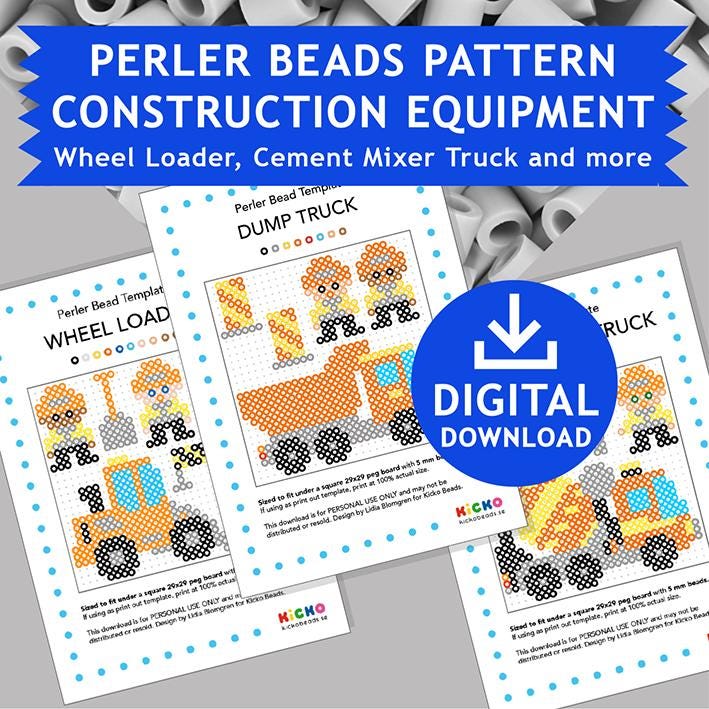 3x CONSTRACTION EQUIPMENT Trucks Perler Patterns, Hama Fuse