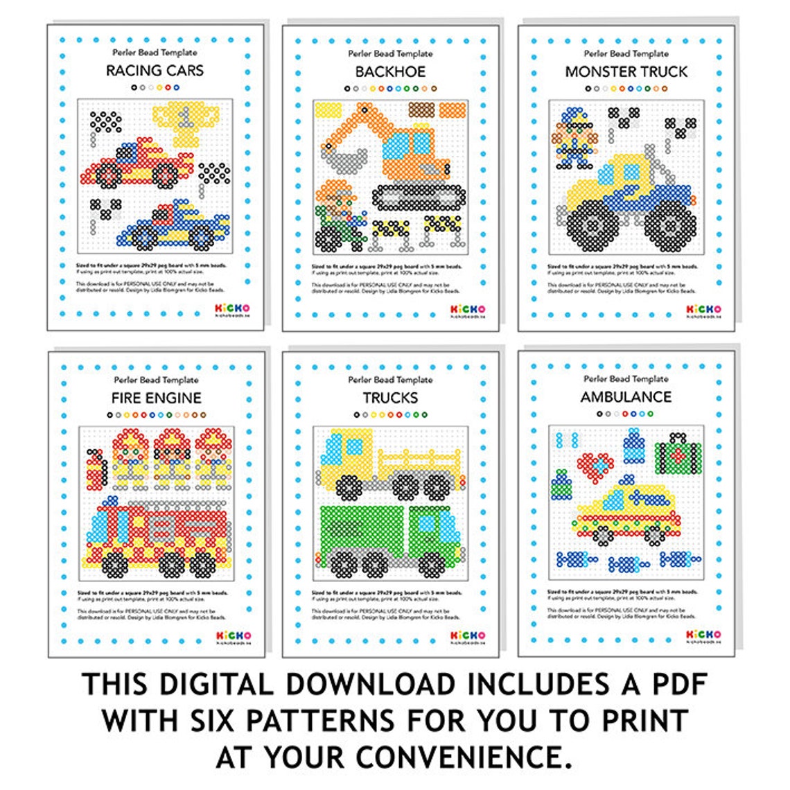 6x VEHICLES Perler Patterns, Decoration Hama Fuse Beads Pyssla Present Templates Tutorial