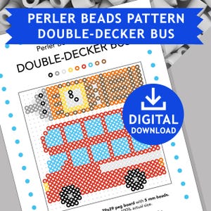 May include: A digital download pattern for a double-decker bus made with Perler beads. The pattern is for a 29x29 peg board and uses 5 mm beads. The bus is red with a white top and blue windows. The pattern includes a key showing the colors needed for the project.