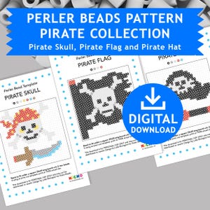 May include: A digital download of three Perler bead patterns: a pirate skull, a pirate flag, and a pirate hat. Each pattern is sized to fit a 29x29 pegboard. The patterns are black and white with red, yellow, and blue accents.