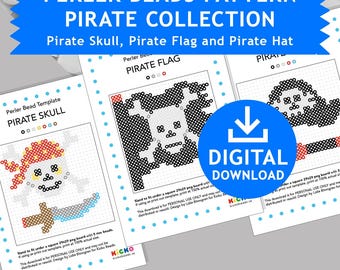 3x PIRATE ATTRIBUTE fuse beads patterns perler beads templates kids crafts Hama beads pyssla sea ocean skull hat flag