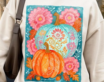 Fall Floral Pumpkin Png, Boho Floral Fall Shirt Sublimation, Girly Autumn Vibes Png, Preppy Fall Brushstroke Png, Pink Pumpkin Season Png