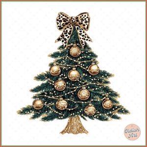 May include: A green Christmas tree with gold ornaments and a leopard print bow on top. The tree is decorated with white lights.