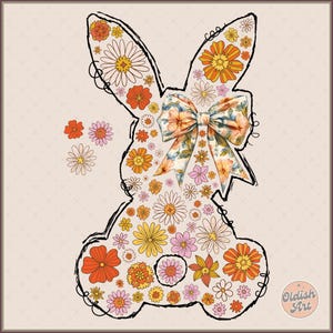Puede incluir: Una silueta de conejo caprichosa hecha de flores coloridas, con un lazo floral en el centro. El conejo est&aacute; delineado en negro y se coloca sobre un fondo beige claro.