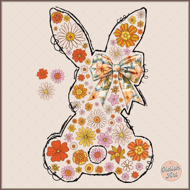 Puede incluir: Una silueta de conejo caprichosa hecha de flores coloridas, con un lazo floral en el centro. El conejo est&aacute; delineado en negro y se coloca sobre un fondo beige claro.
