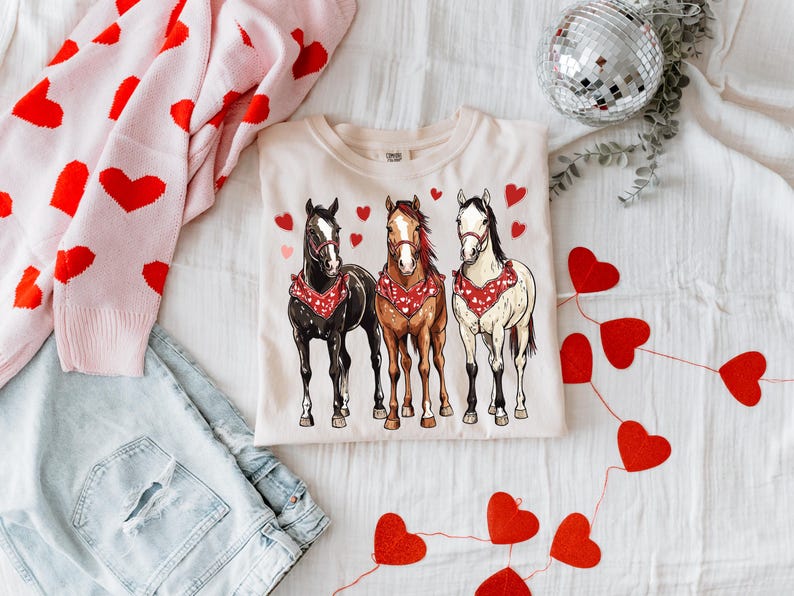 Puede incluir: Una camiseta de color crema con un gr&aacute;fico de tres caballos con bandanas rojas. Los caballos son marr&oacute;n, negro y blanco. El fondo es blanco con corazones rojos.