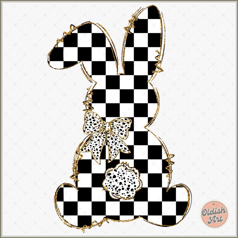May include: A black and white checkered bunny with a gold glitter outline and a white bow with black polka dots. The bunny has a black and white polka dot tail.