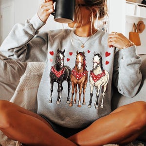 Puede incluir: Una sudadera gris con un gr&aacute;fico de tres caballos con bandanas y corazones. Los caballos son marr&oacute;n, blanco y negro.