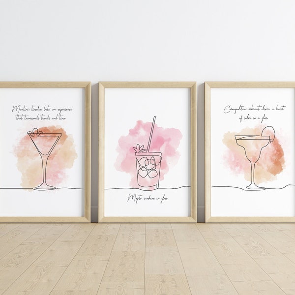 Kitchen Wall Print Set of 3,Line Drawing Kitchen Poster,Housewarming Gift,Minimal Kitchen Art,Dining Room Print,Cocktails Wall Art,Margarita