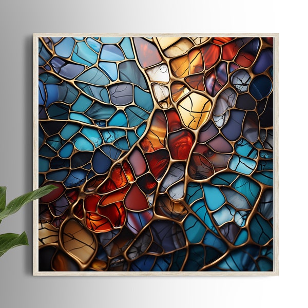 Red Golden Blue Meer Mosaic Printable Art (2) - Chic Digital Wall Print, Instant Download, Ideal for Couple's Gift or New Home