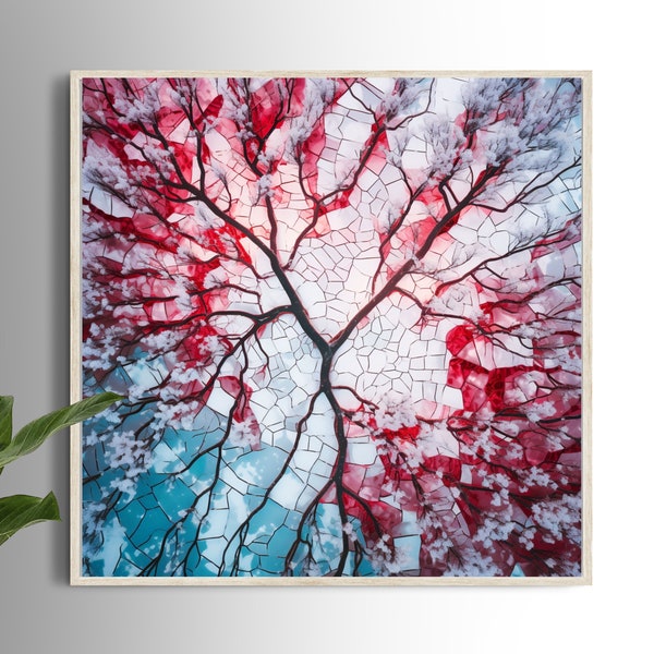 Printable Wall Art of the Red Forrest (1) in red white and blue, digital print instant download