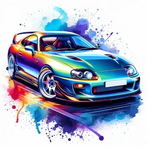 Könnte beinhalten: Stilisierte Illustration eines Sportwagens in Regenbogenfarben. Das Auto hat einen Spoiler und Leichtmetallfelgen. Farbspritzer umgeben das Auto und erzeugen einen dynamischen und künstlerischen Effekt.