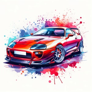 Könnte beinhalten: Ein rotes Sportwagen mit einem weißen und blauen Farbspritzer-Hintergrund. Das Auto hat eine schwarze Frontstoßstange und schwarze Seitenschweller.