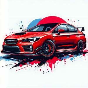 Op de afbeelding: Een rode Subaru WRX STI sportwagen met zwarte accenten en een grote achtervleugel. De auto staat tegen een witte achtergrond met blauwe en rode verfspatten.