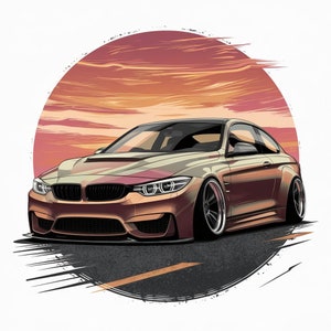May include: A brown and gold sports car with black wheels and a sunset background.
