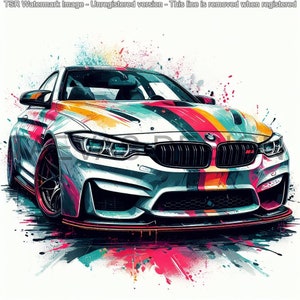 Może przedstawiać: Biały samochód sportowy z kolorowymi paskami i plamami farby. Samochód ma czarny grill i logo BMW.